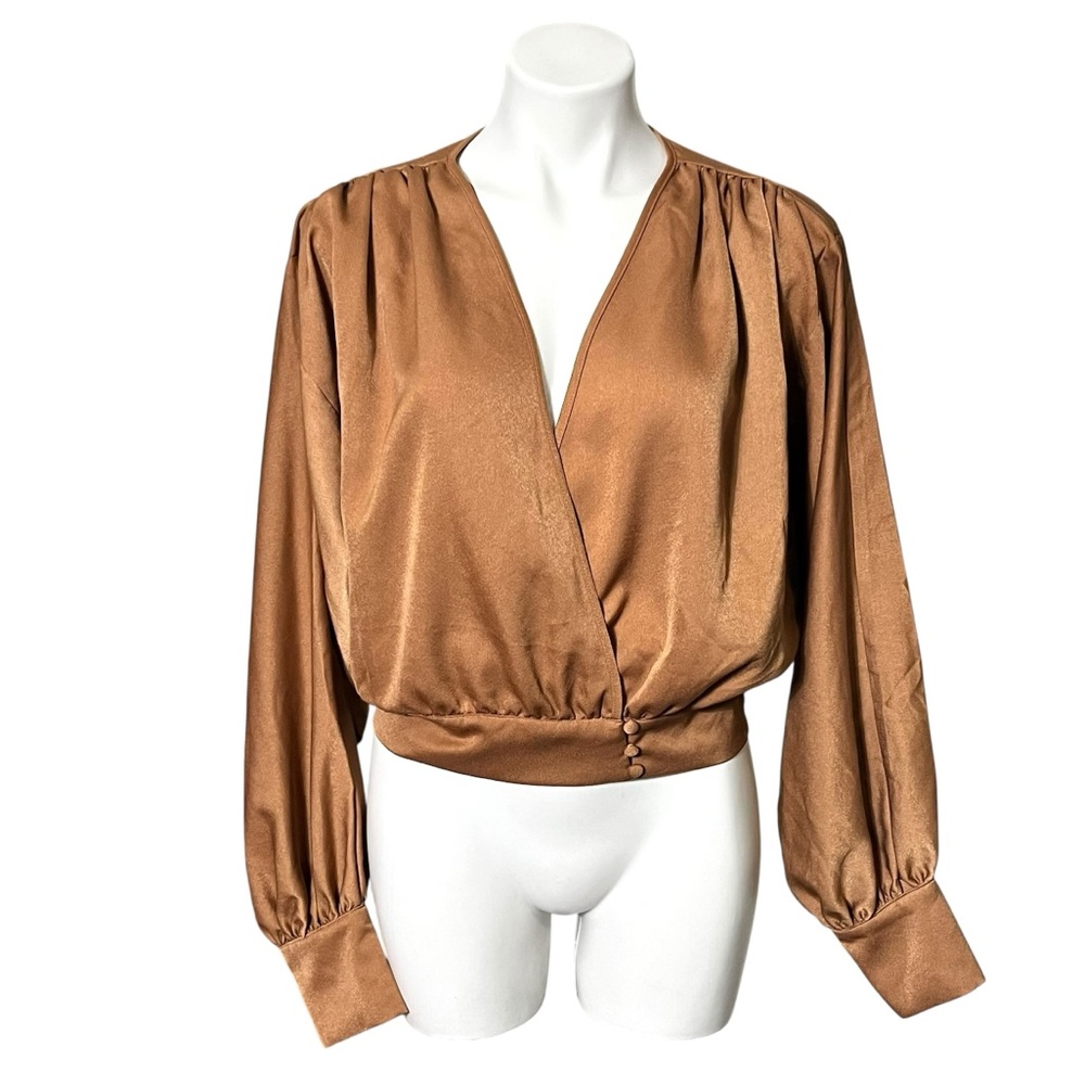 HYFVE Satin Wrap Blouse Size Large Caramel